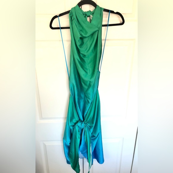 Luxxel Waves of Blue Halter Ombré Wrap Front Mini Dress Size L - Picture 4 of 12